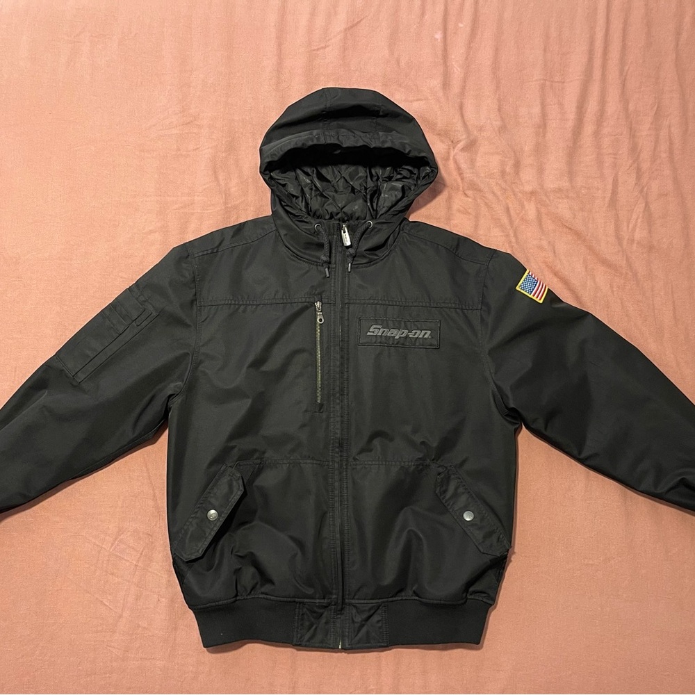 Snap-on Black Hooded Jacket with Flag Patch